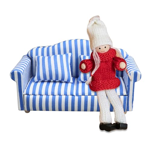 Yorajuy Miniatur-Puppenhaus-Couch-Sofa, Puppenhaus-Couch mit Kissen - Miniatur-Möbelspielzeug im Maßstab 1:12,Rot-weiß gestreifter Miniatur-Sofa-Sessel aus Holzstoff, Puppenhaus-Wohnzimmermöbel für von Yorajuy