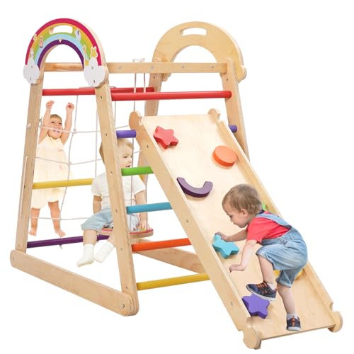Yosamy Montessori Klettergerüst, 5 in 1 Indoor Spielplatz für Kinder, Holz Klettergerüst mit Schaukel, Bogen, Rutsche, Kletterseil von Yosamy