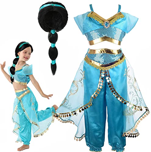 Jasmin Kostüm für Mädchen, Arabische Prinzessin Jasmine Kostüm mit Perücke, Halloween Party Kostüm für Kinder (140 (7-8 Jahre) von Yosbabe
