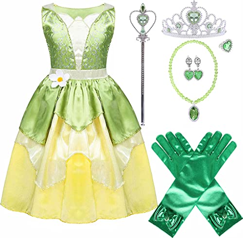 Prinzessin Tiana Kleid für Mädchen Grün Fee Frosch Geburtstag Party Fasching Halloween Elf Kostüm Outfits mit Zubehör (5-6T) von Yosbabe