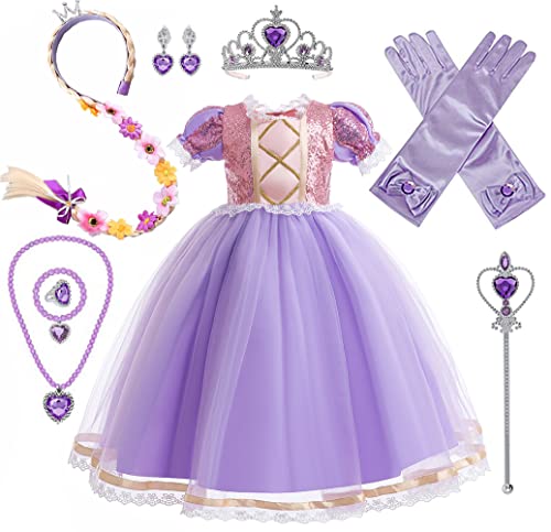 Rapunzel Prinzessin Kostüm für Mädchen, Rapunzel Kleid mit Zubehör für Geburtstagsparty Halloween Weihnachten Kostüm (110 (3-4T)) von Yosbabe