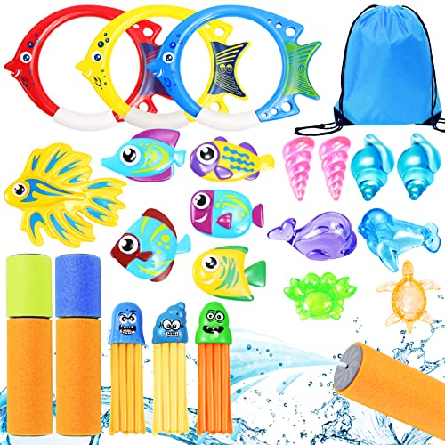 Yotako 23 Stück Tauchringe Set, Tauchspielzeug Pool Spielzeug Edelsteine Fisch, Unterwasser Tauchen Spielset Schwimmbad für Kinder Jungen Mädchen mit Drawstring Tasche von Yotako