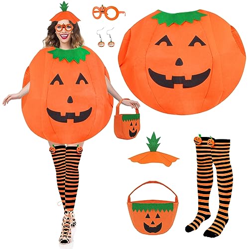 Yotako 6 Pcs Pumpkin Costume for Adult, Womens Pumpkin Halloween Costume, Pumpkin Outfit with Candy Bag Hat Stockings Earrings Pumpkin Glasses Girls Ladies Female Fancy Dress for Halloween Cosplay von Yotako