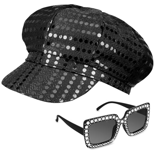 Yotako Glitzer-Abba-Hut, schwarz, Abba-Zubehör für Damen, mit Pailletten-Hut, glitzernd, Sonnenbrille, Disco-Kostüm-Set, Abba-Kostüm, Zubehör für Damen, Mottoparty, Geburtstag, Tanz, 2 Stück Yotako Glitzer-Abba-Hut, schwarz, Abba-Zubehör für Damen, mit Pailletten-Hut, glitzernd, Sonnenbrille, Disco-Kostüm-Set, Abba-Kostüm, Zubehör für Damen, Mottoparty, Geburtstag, Tanz, 2 Stück von Yotako