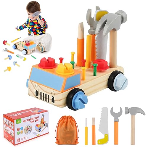 Yotako Montessori Spielzeug, 29 Stück Holzspielzeug Kinder ab 3 4 5 6 7 Jahr, Werkzeug Motorikspielzeug mit Aufbewahrungstasche, Schrauben Kinderspielzeug für Jungen Mädchen Weihnacht Geschenke von Yotako
