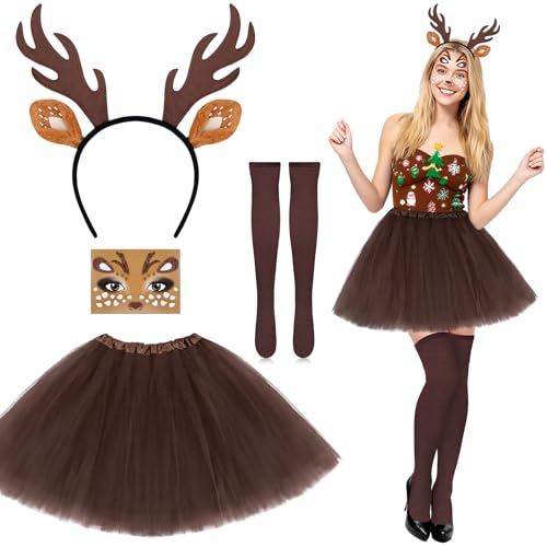 Yotako Rentier Kostüm Erwachsene, Hirschkostüme mit Rentiergeweih Stirnband, Hirsch Gesicht Tattoo, Tutu Rock, Strümpfe, Halloween Weihnachten Verkleidung Outfits für Frauen Mädchen Yotako Rentier Kostüm Erwachsene, Hirschkostüme mit Rentiergeweih Stirnband, Hirsch Gesicht Tattoo, Tutu Rock, Strümpfe, Halloween Weihnachten Verkleidung Outfits für Frauen Mädchen von Yotako
