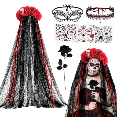 Yotako Tag der Toten Kostüme für Frauen - Tag der Toten Stirnband Schleier Tattoo Schwarze Rose Halskette Spitze Augenmaske Dia de Los Muertos Halloween Verkleidung Kostüm Zubehör Yotako Tag der Toten Kostüme für Frauen - Tag der Toten Stirnband Schleier Tattoo Schwarze Rose Halskette Spitze Augenmaske Dia de Los Muertos Halloween Verkleidung Kostüm Zubehör von Yotako