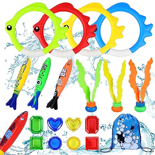 Yotako Pool Spielzeug, 20 Stück Tauchringe für Kinder Set Tauchspielzeug, Poolspielzeuge Edelsteine Fisch Unterwasser Tauchen Spielset Schwimmbad für Kinder Jungen Mädchen mit Drawstring Tasche von Yotako
