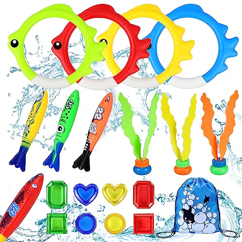 Yotako 20 Stück Tauchspielzeug für Kinder, Schwimmbad Tauchspielzeug Set: 4 Tauchringe in Fischform, 4 tauchtorpedos, 3 Algenspielzeug, 8 Edelsteine und 1 Aufbewahrungstasche mit Kordelzug Yotako 20 Stück Tauchspielzeug für Kinder, Schwimmbad Tauchspielzeug Set: 4 Tauchringe in Fischform, 4 tauchtorpedos, 3 Algenspielzeug, 8 Edelsteine und 1 Aufbewahrungstasche mit Kordelzug von Yotako