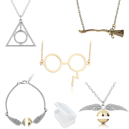 YouU 5 Stück Heiligtümer des Todes Golden Snitch Halskette und Armbänder, Gläser und Besen Halskette für Geschenke Sammlung oder Dekorationen Cosplay YouU 5 Stück Heiligtümer des Todes Golden Snitch Halskette und Armbänder, Gläser und Besen Halskette für Geschenke Sammlung oder Dekorationen Cosplay von YouU