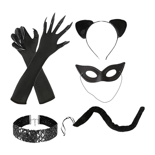 Youding Katzenfrau Maske - Katzenkostüm Frauen | Halloween Katzen Make -up Kostüm | Halloween Maskerade -Anzug | Black Costumes Accessoires Mit Stirnband Für Frauen, Erwachsene, Rollenspiel von Youding