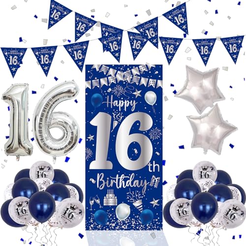 16 Geburtstag Deko Blau und Silber, 16.Geburtstag Junge Mädchen,16.Geburistag Banner Ballons, Deko 16 Gaburtstag Poster Hintergrund Banner für 16 Party Geburtstagsdeko Tür Wand Geburtstagdeko 16 Geburtstag Deko Blau und Silber, 16.Geburtstag Junge Mädchen,16.Geburistag Banner Ballons, Deko 16 Gaburtstag Poster Hintergrund Banner für 16 Party Geburtstagsdeko Tür Wand Geburtstagdeko von Youerls