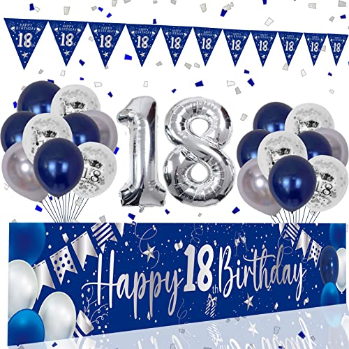 Youerls Dekorationen zum 18. Geburtstag für Jungen und Mädchen, marineblau, extra lang, BannerAlles Gute zum 18. Geburtsteg 17,798,4 Zoll, Banner mit Luftballons zum 18. Geburistag, Dreiecksflaggen von Youerls