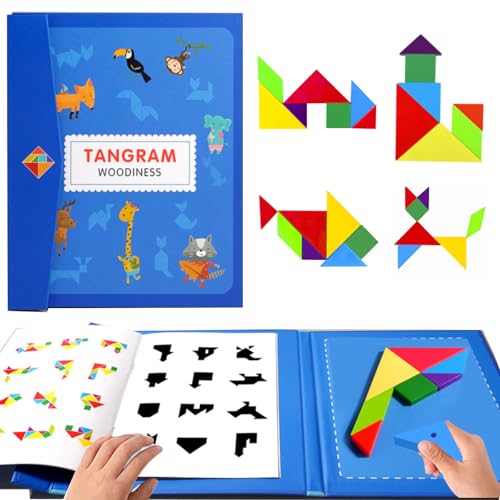 Magnetische Holz Tangram Spiele für Kinder, Magnetischer Tangram, Tangram Magnetpuzzle Geometrische Formen Puzzle Bausteine Buchform Magnetischer Tangram aus Holz von Youghuen