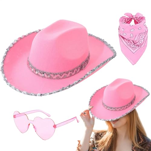 Cowboyhut Damen, 3 Stück Cowgirl Kostüm Set, Western Cowboy Hut Filz CowgirlHut Mit Bandana Partybrille Accessoires Kopfbedeckung Für Karneval, Fasching, Halloween, Mottoparty, Verkleidung, Theater Cowboyhut Damen, 3 Stück Cowgirl Kostüm Set, Western Cowboy Hut Filz CowgirlHut Mit Bandana Partybrille Accessoires Kopfbedeckung Für Karneval, Fasching, Halloween, Mottoparty, Verkleidung, Theater von Youngwier