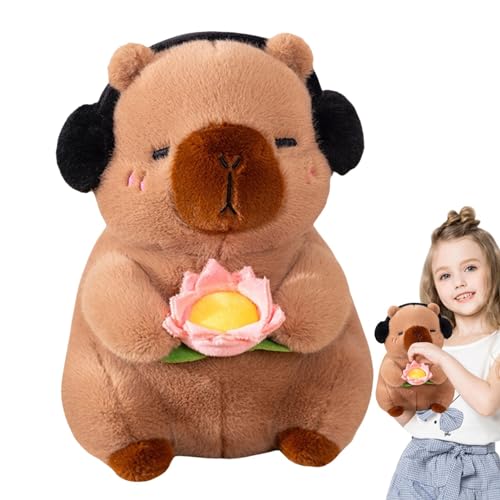 Youngwier Gefülltes Capybara,Gefülltes Capybara-Plüschtier | Süßes Capybara mit Ohrenschützer-Plüschtier | 25 cm weiches Capybara-Spielzeug, lustiges Plüschtier-Puppenspielzeug mit Lotus für von Youngwier