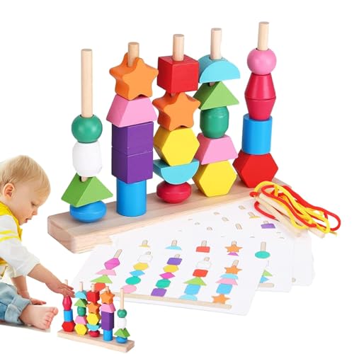Youngwier Kleinkindperlen und Schnur, Montessori-Holzperlen-Sequenzspielzeug-Set - Montessori pädagogisches Spielzeug aus Holzschnürperlen,Formsortierer-Stapelblock, STEM-Vorschul-Kleinkindaktivitäten von Youngwier