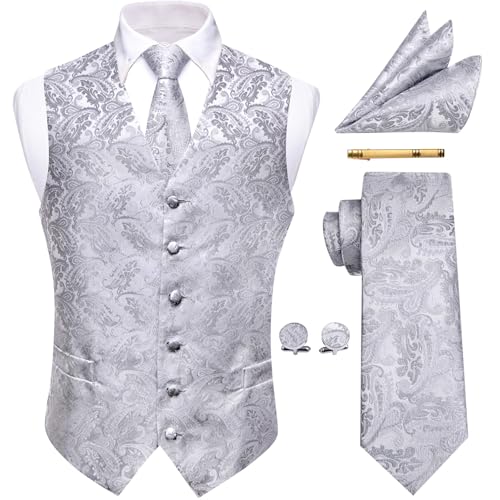 YourTies Viktorianisches Herren-Weste, Krawatte, Seide, Paisleymuster, Anzugweste, formelle Weste, Gothic, Steampunk-Weste mit gekerbtem Revers, Silbergrau, M YourTies Viktorianisches Herren-Weste, Krawatte, Seide, Paisleymuster, Anzugweste, formelle Weste, Gothic, Steampunk-Weste mit gekerbtem Revers, Silbergrau, M von YourTies