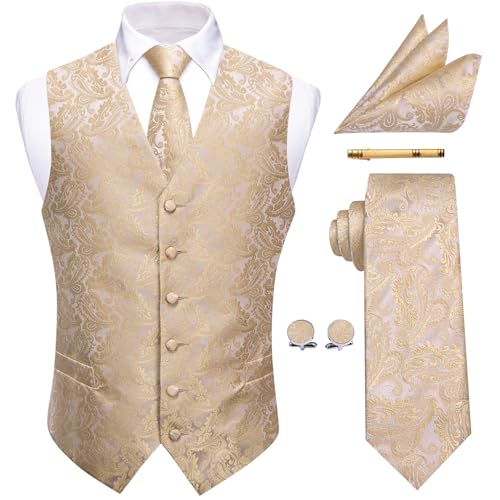 YourTies Viktorianisches Herren-Weste, Krawatte, Seide, Paisleymuster, Anzugweste, formelle Weste, Gothic, Steampunk-Weste mit gekerbtem Revers, champagnerfarben / goldfarben, XXL YourTies Viktorianisches Herren-Weste, Krawatte, Seide, Paisleymuster, Anzugweste, formelle Weste, Gothic, Steampunk-Weste mit gekerbtem Revers, champagnerfarben / goldfarben, XXL von YourTies