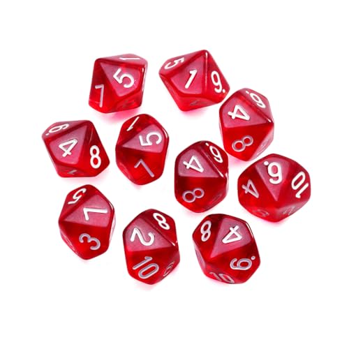 Yourandoll 10 STÜCKE Polyedrische Würfel D10 Würfel 16mm Acryl 10 Seitige Dice Spielwürfel for DND RPG Tischspiele Brettspiel (Transparent Rot) von Yourandoll