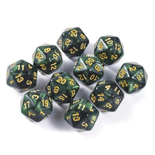 Yourandoll 10 STÜCKE Polyedrische Würfel D20 Würfel Dice 20mm Acryl Dice Spielwürfel for DND RPG Tischspiele (Sternenhimmel Schwarz Grün) von Yourandoll