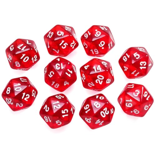 Yourandoll 10 STÜCKE Polyedrische Würfel D20 Würfel Dice 20mm Acryl Dice Spielwürfel for DND RPG Tischspiele (Transparent Rot) von Yourandoll