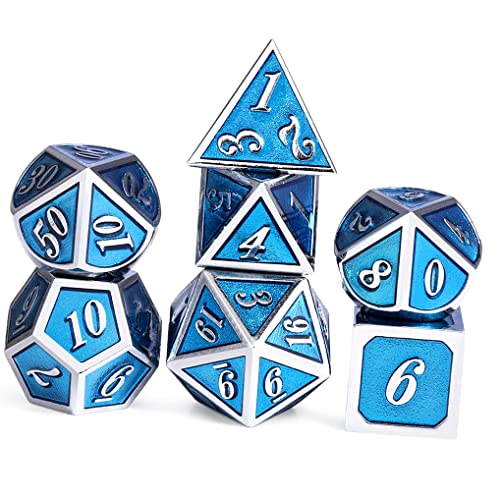 Yourandoll 7 STÜCKE Zinklegierung Metall Würfel Polyeder Würfel D20 D12 D10 D8 D6 D4 für Dungeons und Dragons DND RPG MTG Würfel Tischspiele 16mm (Blau Silber) von Yourandoll