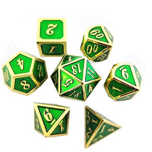 Yourandoll 7 STÜCKE Zinklegierung Metall Würfel Polyeder Würfel D20 D12 D10 D8 D6 D4 für Dungeons und Dragons DND RPG MTG Würfel Tischspiele 16mm (Grün Golden) von Yourandoll