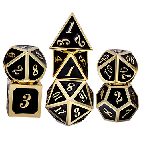 Yourandoll 7 STÜCKE Zinklegierung Metall Würfel Polyedrische Würfel D20 D12 D10 D8 D6 D4 für Dungeons und Dragons DND RPG MTG Würfel Tischspiele 16mm (Schwarz Gold) von Yourandoll