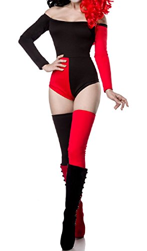 Damen Harlekin Catsuit Kostüm Verkleidung mit Catsuit, Stulpen in schwarz rot schulterfrei S von Yourdesignerz