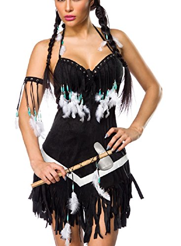 Damen Indianer Kostüm Verkleidung mit Federn und Fransen mit Kleid, Armschmuck, Tomahawk, in Wildleder Optik S von Yourdesignerz