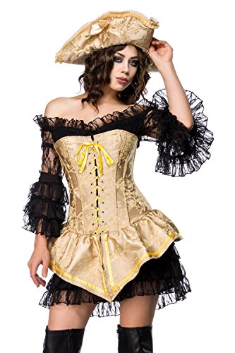 Damen Piraten Kleid Kostüm Verkleidung mit Kleid, Corsage, Hut und Spitzenbesatz in schwarz gold Brokat S von Yourdesignerz