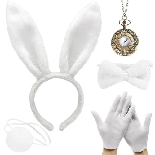 5-teiliges weißes Kaninchenkostüm-Set, Alice im Wunderland, Osterhasenkostüm für Kinder, Hasenohren-Kostüm für Ostern, Welttag des Buches, Halloween-Party, Cosplay (weiße Handschuhe, Uhr, Fliege, 5-teiliges weißes Kaninchenkostüm-Set, Alice im Wunderland, Osterhasenkostüm für Kinder, Hasenohren-Kostüm für Ostern, Welttag des Buches, Halloween-Party, Cosplay (weiße Handschuhe, Uhr, Fliege, von YouthLoxus