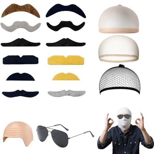 YouthLoxus 17-teiliges Glatzen-Kappen-Set, Glatzen-Kappen mit Haarnetzen, Sonnenbrille, künstlicher Schnurrbart, kahle Perücke, Zubehör für Kinder und Erwachsene, für Bühnenauftritte, Partys, Cosplayv von YouthLoxus