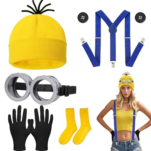 YouthLoxus 7-teiliges Set Minion-Kostüm, Minion-Zubehör, einschließlich Minion-Brille, gelber Hut, Socken, Handschuhe, Schultergurte, Knöpfe Geeignet für Halloween-Kostüme, Erwachsenen-Make-up-Partys von YouthLoxus