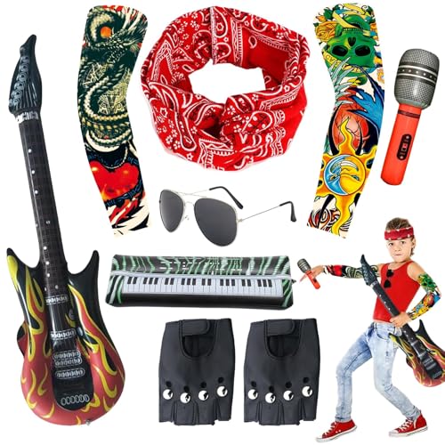 YouthLoxus 9-teiliges Rockstar-Kostüm für Kinder, mit aufblasbarer Gitarre, Sonnenbrille, Handschuhen, Tattoo-Ärmeln, Bandana, Rockstar-Kostüm, Kinder für Männer und Frauen, Halloween, 80er-Jahre YouthLoxus 9-teiliges Rockstar-Kostüm für Kinder, mit aufblasbarer Gitarre, Sonnenbrille, Handschuhen, Tattoo-Ärmeln, Bandana, Rockstar-Kostüm, Kinder für Männer und Frauen, Halloween, 80er-Jahre von YouthLoxus