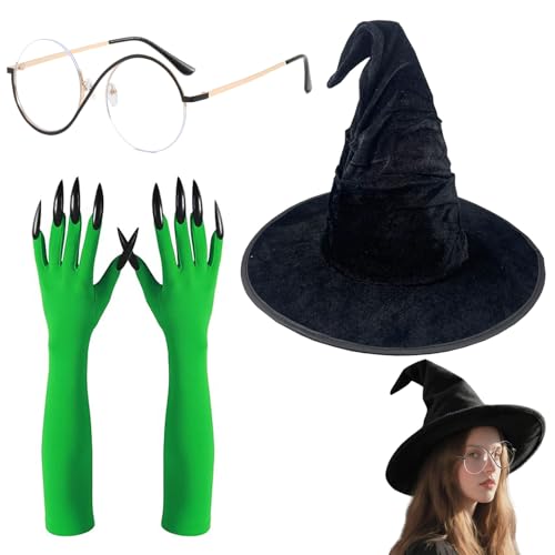 YouthLoxus Hexenkostüm Zubehör Set, Elphaba Kostüm Zubehör Hexenhut, Elphaba Brille, Grüne Handschuhe mit Krallen, Halloween Karneval Weibliches Rollenspiel Dress Up YouthLoxus Hexenkostüm Zubehör Set, Elphaba Kostüm Zubehör Hexenhut, Elphaba Brille, Grüne Handschuhe mit Krallen, Halloween Karneval Weibliches Rollenspiel Dress Up von YouthLoxus