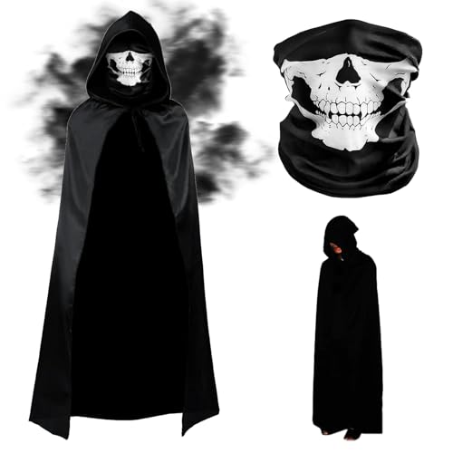 YouthLoxus Schwarzer Umhang, 140 cm, atmungsaktive Totenkopfmaske, Zauberer-Umhang, Voldemort-Kostüm, Sensenmann, Vampir, Hexe, Karneval, Halloween, schwarzer Umhang, geeignet für Erwachsene und von YouthLoxus