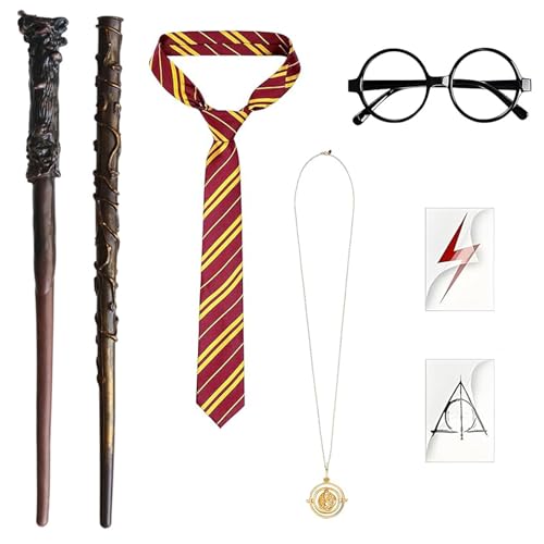 YouthLoxus Zauberer Cosplay Kit (2 Zauberstäbe + Krawatte + verzauberte Halskette + runde Brille + 2 temporäre Tattoos) - Premium Zauberer Rollenspiel Kostüm Zubehör Set für Erwachsene Kinder von YouthLoxus