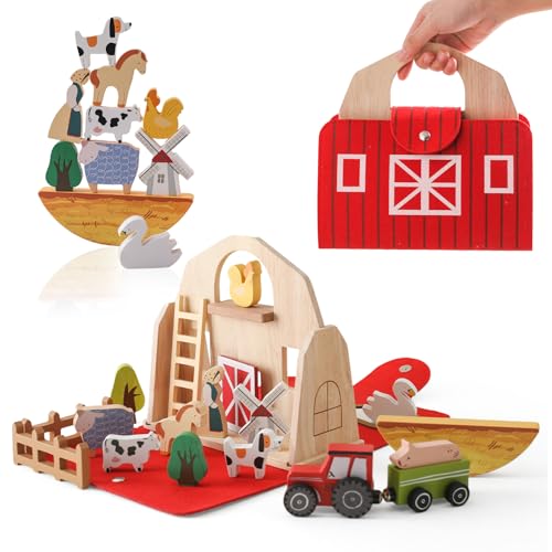 Youuys Holzspielzeug Baby Bauernhof Tiere Spielzeug Set Faltbar, Montessori Spielzeug, Bauernhof Pretend Playset mit Scheune & Farmer, Weihnachten Geburtstag Geschenk für Jungen Mädchen von Youuys