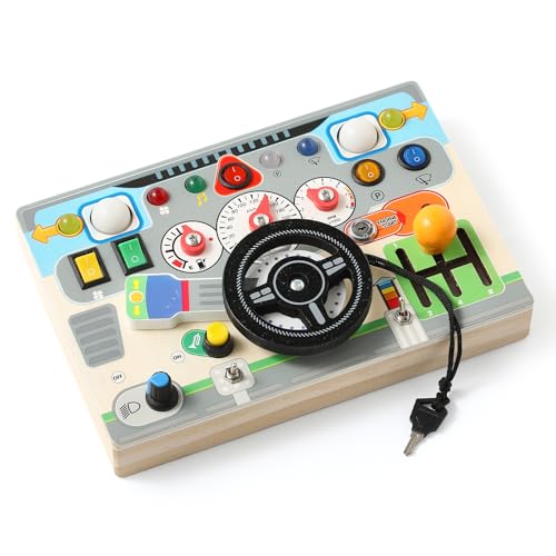 Youuys Montessori Busy Board Kinder mit simuliertem Lenkrad und LED-Lichtschaltern - Holzschalttafel für Kleinkinder Busy Board Geschenk für Jungen und Mädchen von Youuys
