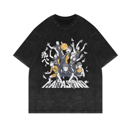 Youxy Shoyo Hinata T-Shirt Retro Washed Anime Bedruckter Kurzarm Tobio Kageyama Modischer Rundhals-T-Shirt Unisex Casual Sommeroberteil S-3XL von Youxy