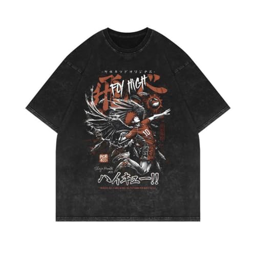 Youxy Shoyo Hinata T-Shirt Retro Washed Anime Bedruckter Kurzarm Tobio Kageyama Modischer Rundhals-T-Shirt Unisex Casual Sommeroberteil S-3XL von Youxy