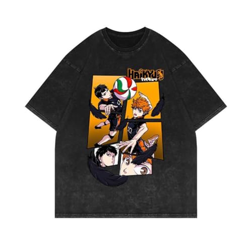 Youxy Shoyo Hinata T-Shirt Retro Washed Anime Bedruckter Kurzarm Tobio Kageyama Modischer Rundhals-T-Shirt Unisex Casual Sommeroberteil S-3XL von Youxy