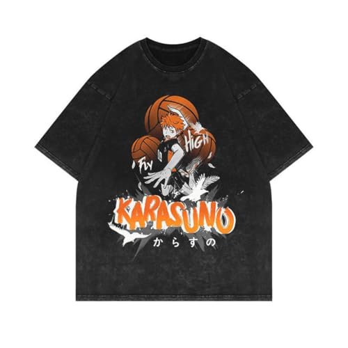 Youxy Shoyo Hinata T-Shirt Retro Washed Anime Bedruckter Kurzarm Tobio Kageyama Modischer Rundhals-T-Shirt Unisex Casual Sommeroberteil S-3XL von Youxy