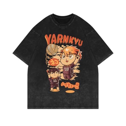 Youxy Shoyo Hinata T-Shirt Retro Washed Anime Bedruckter Kurzarm Tobio Kageyama Modischer Rundhals-T-Shirt Unisex Casual Sommeroberteil S-3XL von Youxy