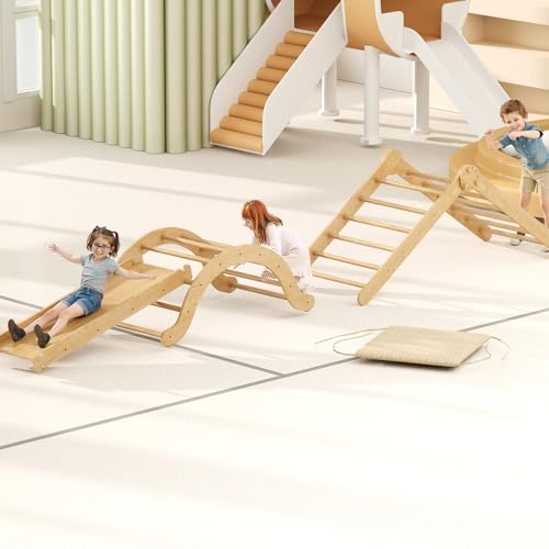Youyijia 4-in-1 Indoor-Klettergerüst für Kleinkinder, Montessori-Klettergerüst-Set mit Holz-Kletterdreieck, Bogen, Rutsche und kurzem Kissen, faltbares Kletterspielzeug für Kinder von Youyijia