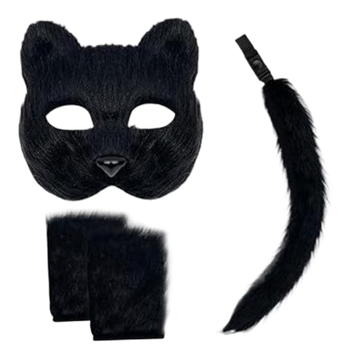 Yoyakie Therian Maske und Schwanz, realistische Fuchsmaske und Schwanz mit Pfoten Plüsch flauschiger Wolf Kostüm für Frauen Cosplay Halloween & Pelry Partys (schwarz) von Yoyakie