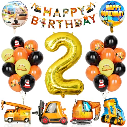 Bagger Deko Kindergeburtstag 2, 29Pcs Partyzubehör für den Bau mit Banner,Ballon Nummer 2 mit Zement-LKW-Kran, Gabelstapler Bagger Luftballons für Jungen Kinder Bauparty Geburtstags party Dekorationen von Yoyoin