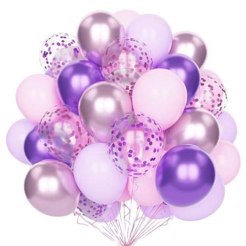 Rosa Lila Luftballons, 60 Stück 12 Zoll Pastell Macaron Rosa Lila Metallic Rosa Lila Party Luftballons Set mit Rosa und Violet Konfetti Helium Latex Ballons für Geburtstags Hochzeits Baby Shower Deko von Yoyoin